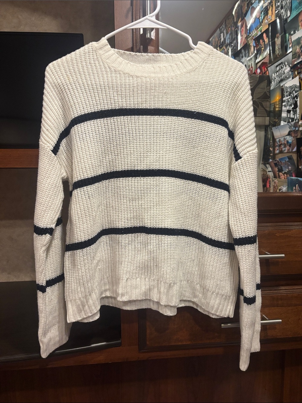 POL Ivory Crewneck Sweater with Navy Stripes